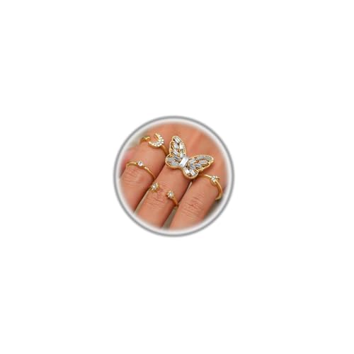 Knuckle Rings Set for Women,Simple Dainty Stackable Finger Ring Pack Minimalist Cute Butterfly Moon Heart Rings Boho Statement Jewelry Size Mixed - style: Style-D