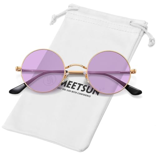 MEETSUN Small Round Polarized Sunglasses for Men Women Metal Retro Hippie Circle Sun Glasses Driving Festival Cosplay UV400 - color: Gold / Purple