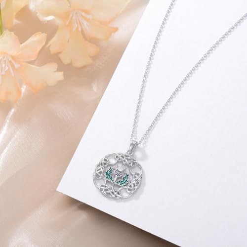 Sterling Silver Scottish Thistle/Cross/Tree of Life/Shamrock/Lotus/Rose Necklace for Women Cross Rose Flower Lotus Flower Pendant Jewelry Gifts for Women Wife Girlfriend Girls Mom Daughter - color: Scottish Thistle