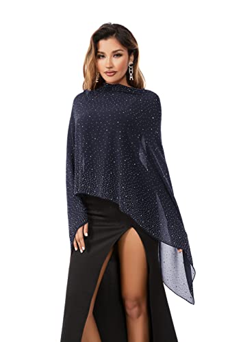 Shawls and Wraps for Evening Dresses Sheer Chiffon Women Elegant Soft Silky Sparkly Wedding Bridal Scarf - color: Navy C