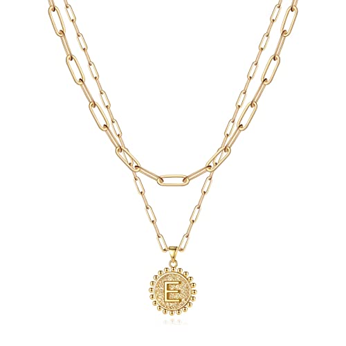 Yoosteel Layered Initial Necklaces for Women Trendy - 14K Gold-Plated Dainty Layering Paperclip Chain Coin Initial Necklace Jewelry Gifts for Women Mom Wife Teen Girls - color: Gold, style: E