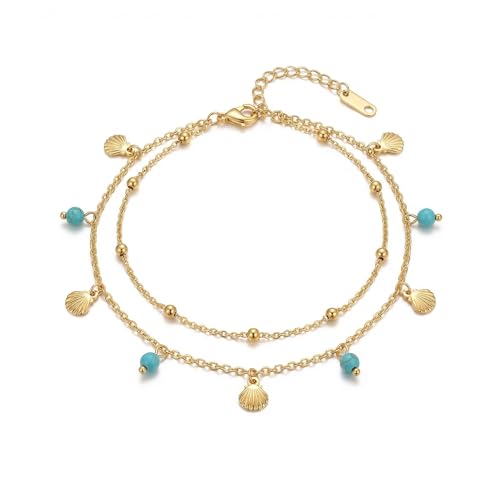 Dainty Gold Shell Pearl Charm Ankle Bracelet for Women Trendy non-Tarnish Adjustable Anklet Summer Beach Fashion Jewelry Gift - color: Turquoise