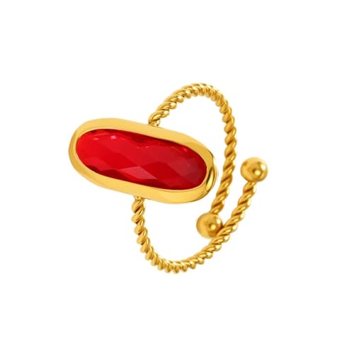 18K Gold Plated Adjustable Twisted Rings for Women Non Tarnish Oval Czech Glass Stone Stainless Steel Statement Rings Open Gemstone Boho Stackable Band Jewelry - color: Red