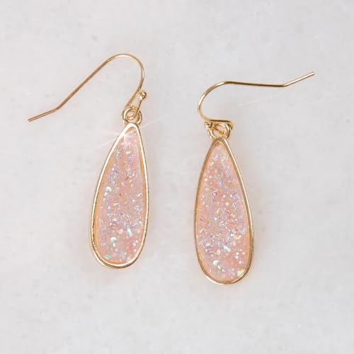 Teardrop Dangle Earrings for Women with Simulated Druzy Stones, in Gold or Rose Gold Tone - color: Gold - Created Rose Quartz