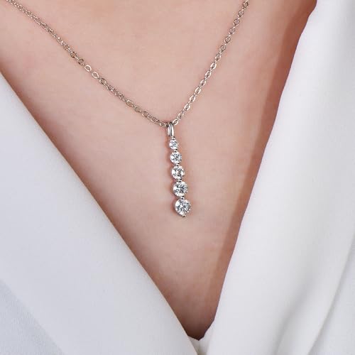 Moissanite Drop Pendant Necklace for Women, 0.92 CT 14K Gold Filled 5-Stone Round Pendant, Trendy Jewelry Gift for Wife Mother Birthday Anniversary Valentines Wedding - color: Silver