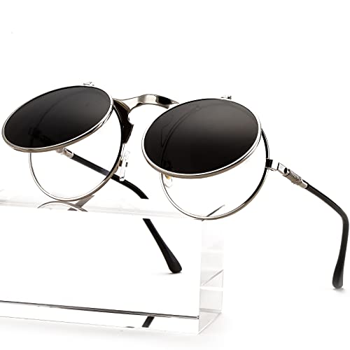 AIEYEZO Round Flip Up Sunglasses for Men and Women Rave Flip Glasses 90's Retro Steampunk Style - color: Silver/Grey