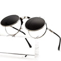 AIEYEZO Round Flip Up Sunglasses for Men and Women Rave Flip Glasses 90's Retro Steampunk Style - color: Silver/Grey