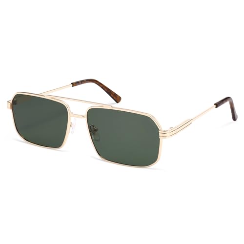 SOJOS Retro Polarized Square Sunglasses for Women Men Vintage Large Double Bridge UV Protection Metal Sun Glasses SJ1246 - color: Gold/Dark Green