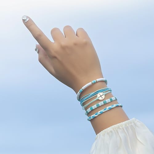 FANCY SHINY Boho Nautical Compass String Bracelets Beaded Clay Beads Bracelet Stackable Friendship Bracelets Summer Beach Outfits for Women Girls - color: Turquoise