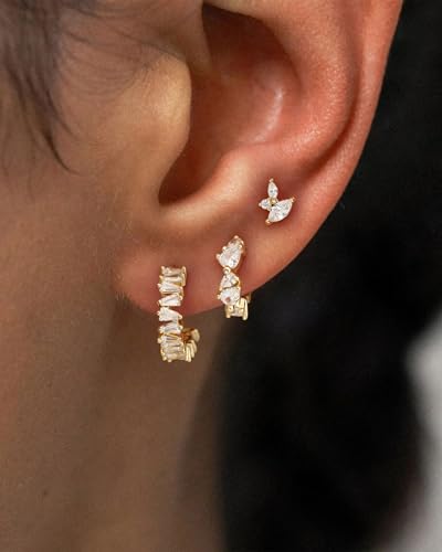 3 Pairs Small Earring Stacks, 14K Gold/Silver/Black/Rose Gold Plated Pearl Heart Butterfly Star Diamond Charm Drop Huggie Earrings Trendy Jewelry Gift for Women - color: Gold-Geometric