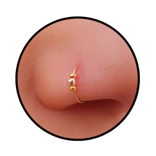 925 Sterling Silver & 14K Gold Filled Nose Ring Hoop Handmade Piercing Jewelry For Women - 24 Gauge 2mm,7mm Tiny Nose Ring with Opal - Gift Ready - color: Gold Beads Gold