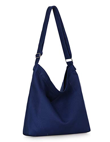 Covelin Women's Retro Large Size Canvas Shoulder Bag Hobo Crossbody Handbag Casual Tote - color: Navy Blue