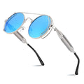 FEISEDY Aviator Sunglasses for Men Women, Retro Steampunk Gothic Round Metal Frame Hippie Glasses B2351 - color: Silver Frame Blue and Silver Lenses With Silver Legs