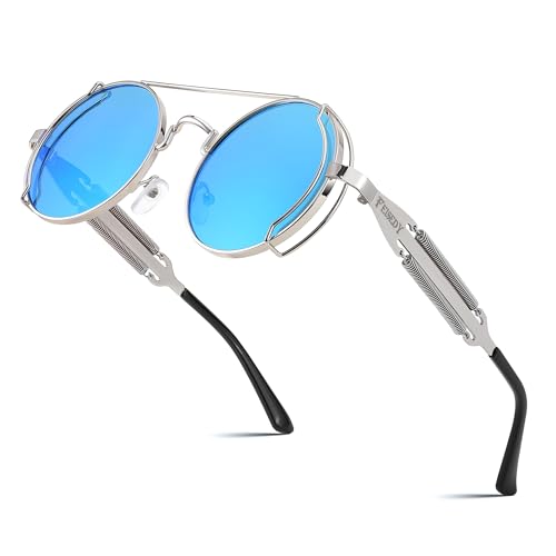FEISEDY Aviator Sunglasses for Men Women, Retro Steampunk Gothic Round Metal Frame Hippie Glasses B2351 - color: Silver Frame Blue and Silver Lenses With Silver Legs