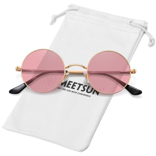 MEETSUN Small Round Polarized Sunglasses for Men Women Metal Retro Hippie Circle Sun Glasses Driving Festival Cosplay UV400 - color: Gold / Pink