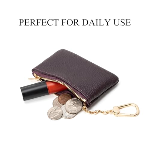 Full Grain Leather Coin Purse with Key Chain - Small Change Purse Keychain Card Holder Keychain Pouch Small Keychain Wallet for Women and Men (Eggplant Purple) - color: Eggplant Purple, Regular Size