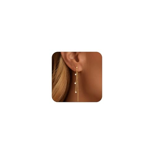 NECOCY Gold Dangle Earrings for Women Non Tarnish 14K Gold Plated Drop Wedding Hypallergenic Earring Dainty Long Hanging Chain CZ Pearl Threader Earrings Trendy Silver Plated Jewelry for Women - style: Gold&Style15