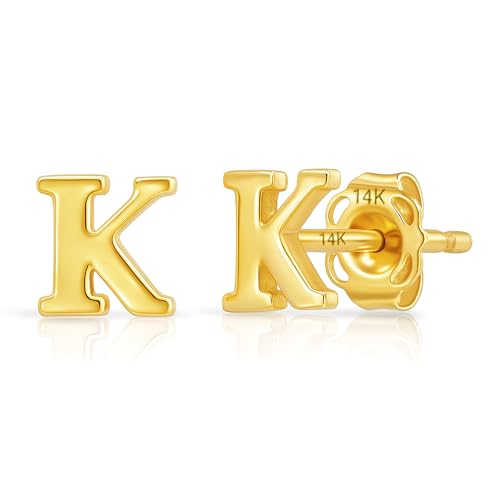 14k Gold Small Script Initial Letter Stud Earrings for Women | Anti Tarnishing 5mm 14k Gold Studs | A-Z Alphabet Earrings with Gift Box by MAX + STONE - style: K | Yellow Gold