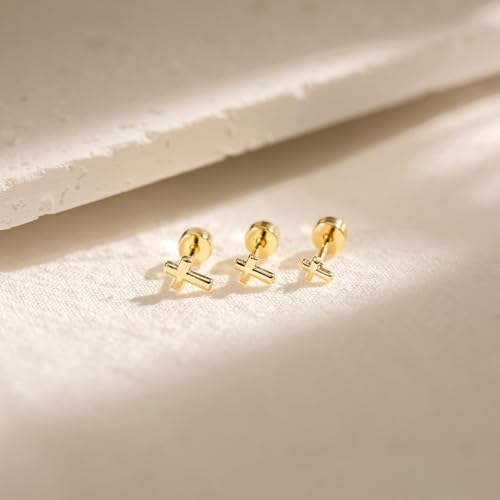 3 Pair Tiny Flat Back Earrings for Women - 14K Gold/White Gold Plated Dainty Cute Small Screw Flatback Stud Earring, Everyday Wear Gift - color: Cross Flat-4/5/6mm Gold