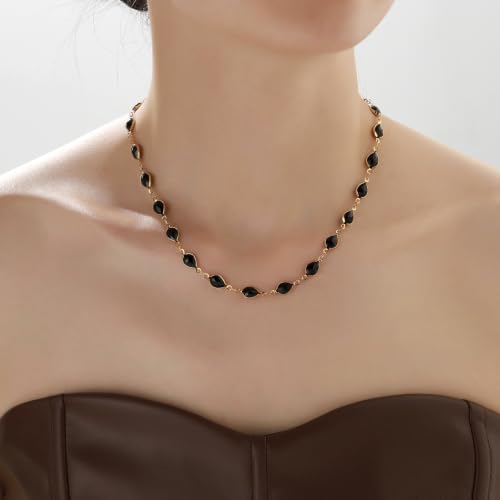 Beaded Choker Necklaces for Women 18k Gold Plated Dainty Gold Choker Necklaces for Women - style: Black Oval 23