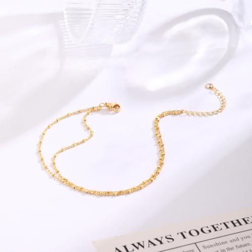 MIDEEO Gold/Silver Ankle Bracelets for Women,14K Gold Anklets for Women Waterproof Cuban Link Heart Beads Herringbone Rhinestone Anklets Set Layered Anklet Bracelets for Women Gold Jewelry Gift - style: 2 Layers Anklet A-Gold