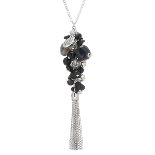 Noessla Boho Long Pendant Necklaces for Women Silver Tassel Long Necklace Sweater Chain Mothers Day Gifts Silver Costume Jewelry for Women - color: Black