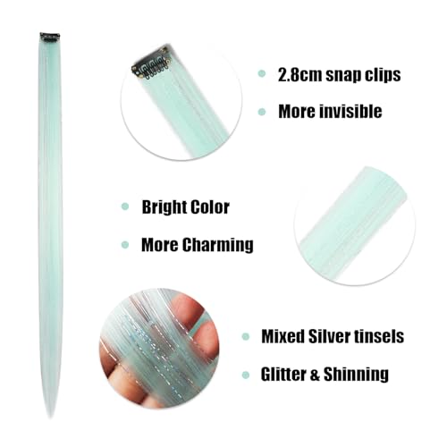 12pcs Clip in Mint Green Hair Extensions, 22 Inch Rainbow Hair with Silver Tinsels, Colorful Party Highlights for Women - color: Mint Green