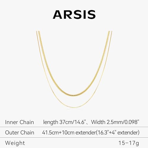 ARSIS 18K Gold Plated Herringbone Necklace Snake Chain Choker Dainty Layered Hypoallergenic Jewelry Gift for Women - color: Gold Double Layer