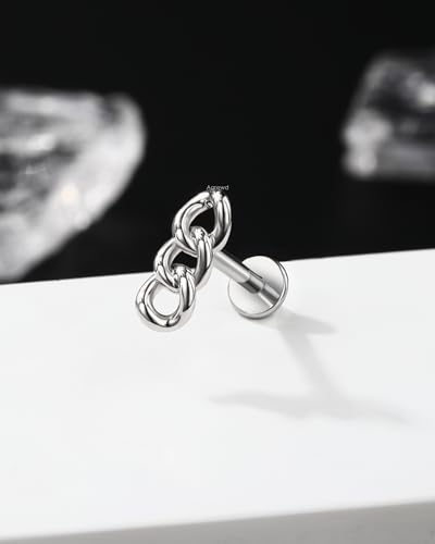 Metal Chain Cartilage Earring – Internally Threaded Flat Back Stud in Silver & Gold 16G 8mm Helix, Conch, Tragus Jewelry - color: YG-8MM