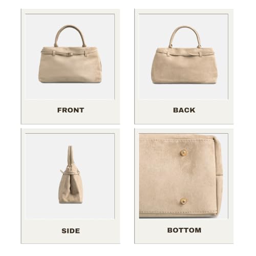 Base’ic Women’s Suede Tote Bag with Gold Hardware – Trendy Slouchy Shoulder Hobo Satchel Handbag Work Purse Travel Gift - color: Beige (Gold Hardware)