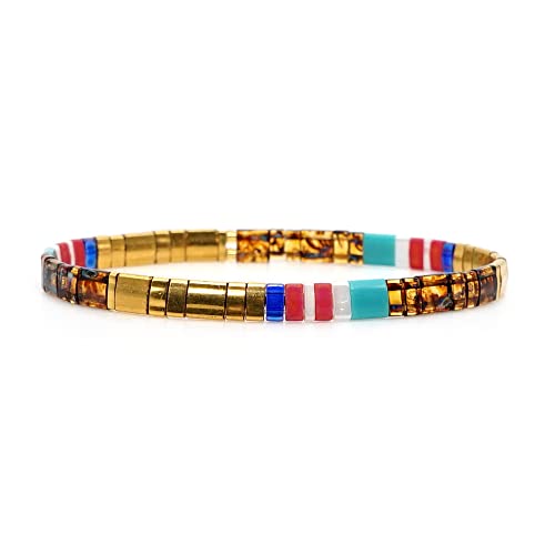 Sonateomber Tila Flat Beaded Stretch Bracelets for Women, Trendy Unique Colorful Square Beads Handmade Stack Bracelet Friendship Accessories Fashion Jewelry Gift - color: Gold