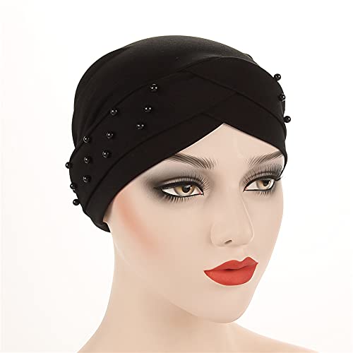 Women Beaded Silky Beanie, Pre-Tied Turban Head Wrap Cap for Chemo Chemical Cancer Hair Loss Cover Hat - color: Black