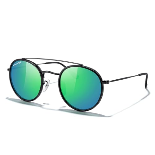 MERRY'S Retro Round Polarized Sunglasses - Unisex Double Bridge Sun Glasses - color: Matte Black Frame/Matte Black Bridge/Green Mirror Lens