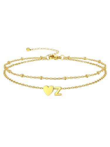 Silvora Ankle Bracelets for Women Waterproof 14K Gold/Silver/Black Initial Anklet for Women Dainty Layered Heart Ankle Bracelets Stainless Steel Adjustable Foot Chain Anklet Summer Beach Jewelry - color: Gold-14K Gold Plated, size: 26.Z