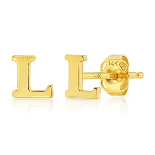 14k Gold Small Script Initial Letter Stud Earrings for Women | Anti Tarnishing 5mm 14k Gold Studs | A-Z Alphabet Earrings with Gift Box by MAX + STONE - style: L | Yellow Gold