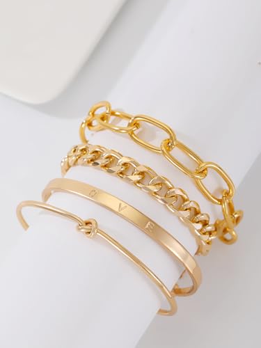 Alegend Titanium Steel (Not Rust, Resist Corruption, Easily Clean) 18K Gold Plated Single Bracelets + 14K Gold Plated Stackable Multilayer Bracelets - style: 14K Gold Plated Four-Layered A