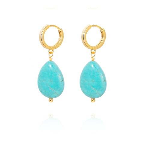 Gold Plated Huggie Hoop Earrings with Charms Fashion Pearl Drop Dangle Earrings for Women Handmade Karma Circle Jewelry for Ladies Lightweight Pearl Earrings on Christmas - color: turquoise-teardrop