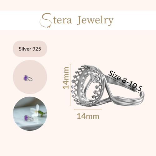 925 Sterling Silver Adjustable Ring Blank with 12-16 mm Round Bezel Setting with Decorative Crown Trim - color: Oxidized-Silver, size: Size 14