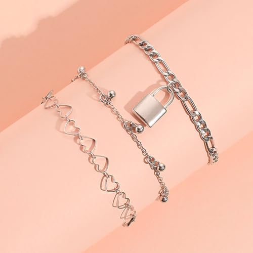 3 Pcs Layered Silver Tone Anklets for Women Trendy Lock Heart Charm Ankle Bracelets Set Adjustable Chunky Figaro Foot Jewelry Gifts