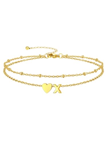 Silvora Ankle Bracelets for Women Waterproof 14K Gold/Silver/Black Initial Anklet for Women Dainty Layered Heart Ankle Bracelets Stainless Steel Adjustable Foot Chain Anklet Summer Beach Jewelry - color: Gold-14K Gold Plated, size: 24.X