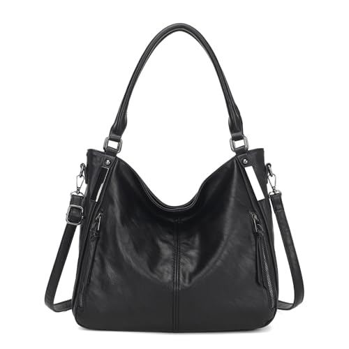 Shoulder Handbags for Women Large Soft Casual PU Leather Hobo Tote Purses - color: B-black