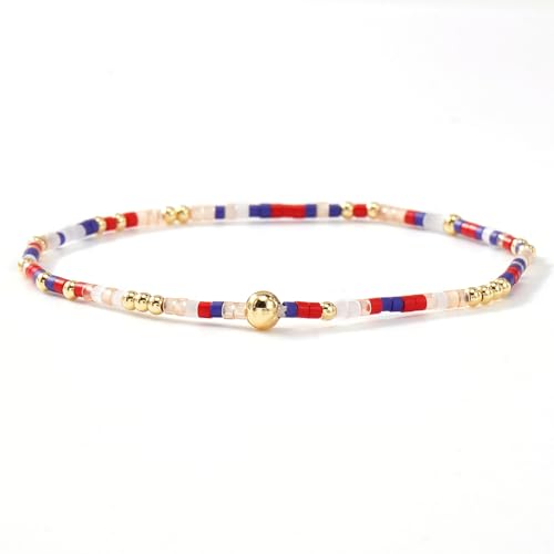 Colorful Beaded Bracelet Stack for Women,3PCS Handmade Bohemian Gold Plated Ball Stretch Stackable Bracelets Set Fashion Jewelry Gift Friendship - color: Red