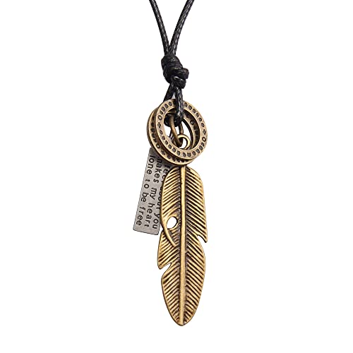 Leather Necklace for Women Long Boho Necklace Bohemian Choker Vintage Necklace Braided Boho Jewelry with Adjustable Brown Leather Cord - color: Feather Pendant Necklace