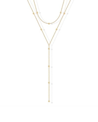 PAVOI 14K Gold Plated Drop Lariat Chain for Women - Cubic Zirconia Long Necklace - Station Star Layered Beaded Y Necklace - style: Beaded