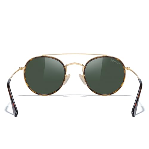 MERRY'S Retro Round Polarized Sunglasses - Unisex Double Bridge Sun Glasses - color: Leopard Frame/Gold Bridge/G15 Lens