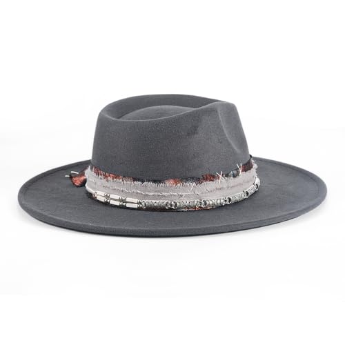Womens Boho Fedora Hat Wide Brim Fedora Mens Handmade Flat Brim Hats - color: Gray