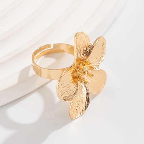 Dainty Large Flower Adjustable Ring for Women Gold Plated Elegant Floral Statement Stacking Finge Band Rings Wedding Party Fashion Jewelry