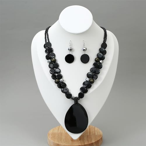 Big Teardrop Pendant Necklaces for Women Colorful Beaded Necklaces Statement Set for Holiday. - color: Black