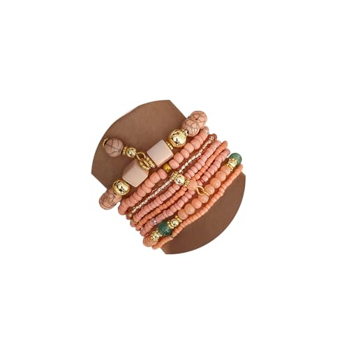 IFKM 8PCS Beaded Bracelets for Women, Multilayered Stackable Strand Stretch Bead Bracelet Pack Handmade Trendy Bohemian Charm Jewelry - color: Pink