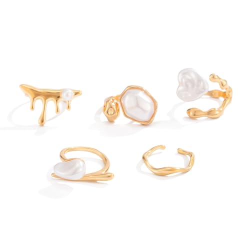 Chunky Gold Pearl Rings for Women Vintage Baroque Pearl Rings Set Open Stacking Pearls Ring Set Irregular Geometric Pearls Ring Boho Prom Costumes Fashion Jewelry Accessories - style: 5PCS A